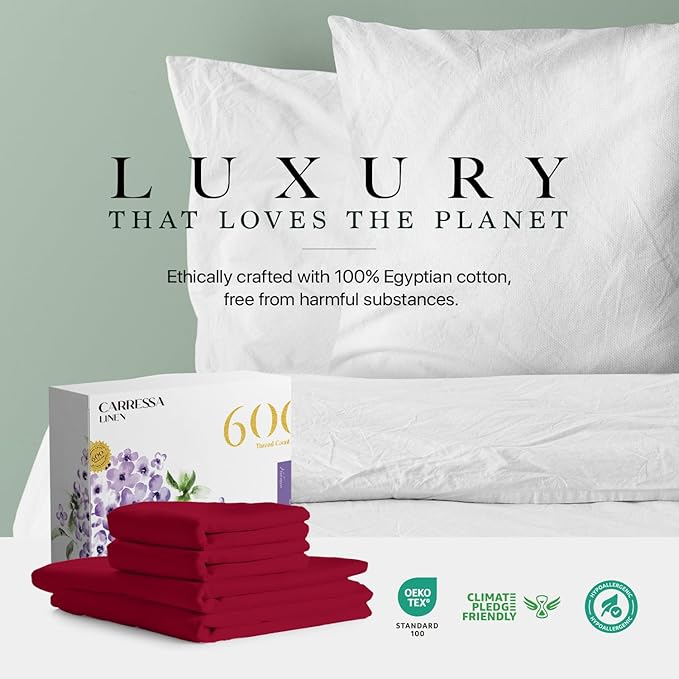 Carressa Linen 100% Egyptian Cotton King Size Sheets Set - 600 Thread Count Egyptian Cotton Queen Sheets King Size (4 PC, True Red), Soft, Cooling, 16" Deep Pocket Sateen Weave Luxury Hotel Bed Sheet