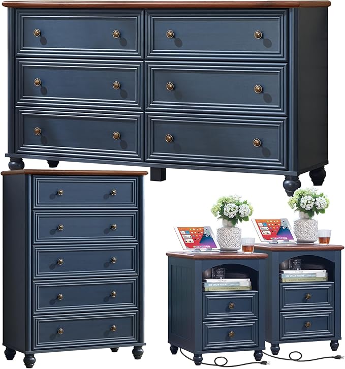 Farmhouse Dressers & Night Stand Set of 4, Wood 54" Wide Dresser & 45" Tall Chest of Drawers, 18" with Charging Station Nightstand Set of 2, Bedroom Furniture Dresser Set for Home Living Room Hallway