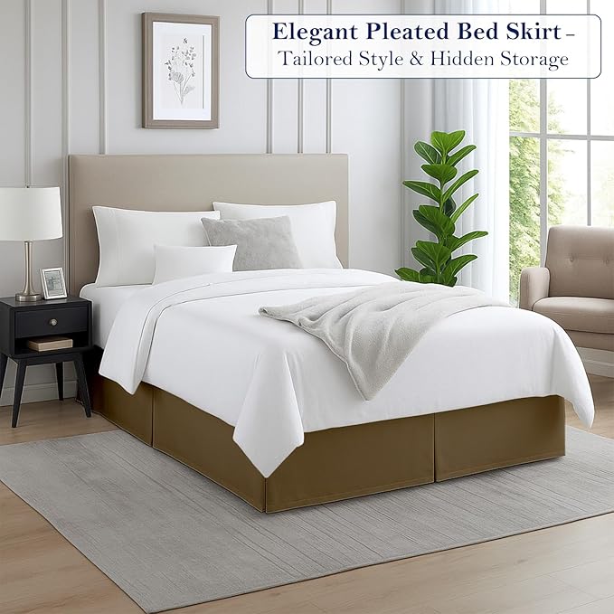 Twin Bed Skirt, Luxury 18 Inch Drop Taupe Pleated Bed Skirt, Double Brushed Microfiber, Box Pleat Design, Wrinkle & Fade Resistant, Easy Fit Tailored Bedskirt for Twin Size Beds