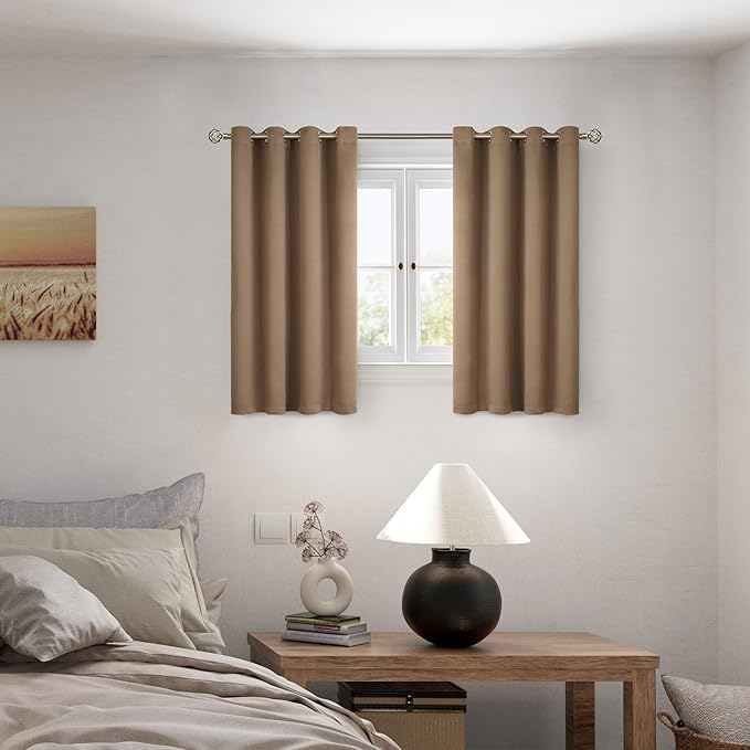 BGment Short 100% Blackout Curtains for Bedroom, Thermal Insulated Energy Efficiency Noise Reducing Grommet Curtains 54 Inch Length with Liner for Small Window 2 Panels Each 52 Inch Wide, Taupe