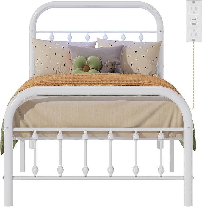 WLIVE Metal Platform Bed Frame, Twin Bed Frames with Headboard, Bed Frame with LED Lights and Charging Station, 600LBS Mattress Foundation, Under Bed Storage, No Box Spring Needed, White