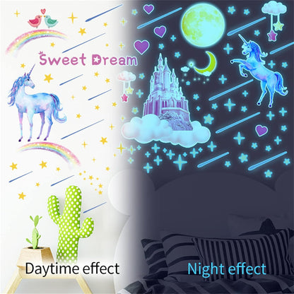 Glow in The Dark Unicorn Castle Wall Decals,Peel and Stick Colorful Unicorn Wall Stickers with Moon Stars Sweet Dream Wall Art for Girls Kids Bedroom Nursery Party Home Decor(Blu-ray)