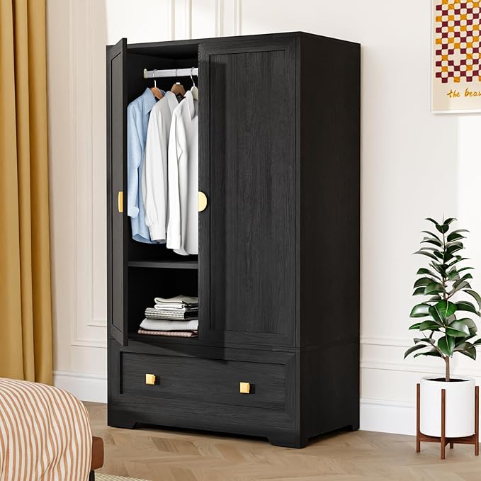 VINGLI Armoire Wardrobe Closet with Doors, 38" W Armoire Wardrobe Cabinet with Drawers and Hanging Rod, Black Wood Bedroom Armoires, 21" D x 38" W x 65" H