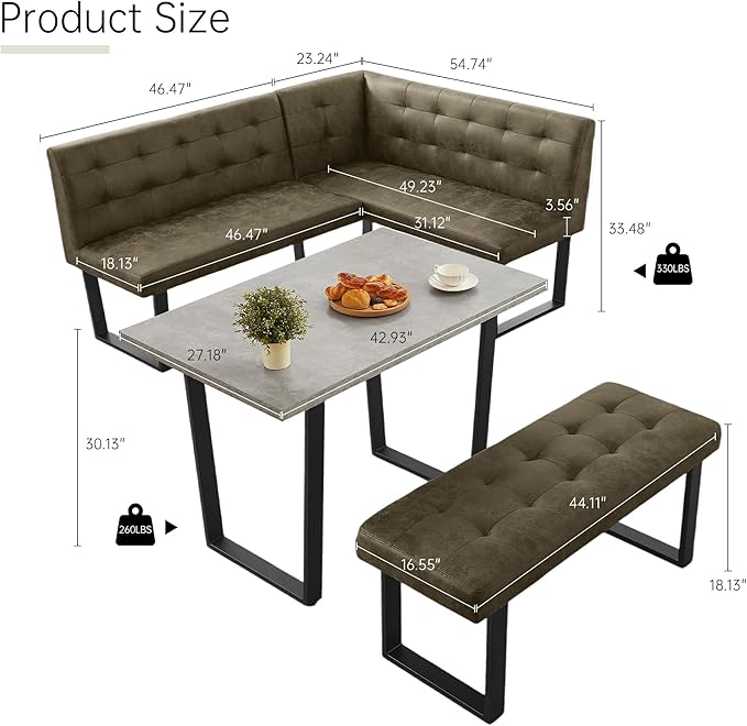 3-Piece Corner Dining Table Set with Bench, 70 Inch Space-Saving Breakfast Nook for Kitchen & Dining Room(Grey Table+Left Seat Brown Chairs)