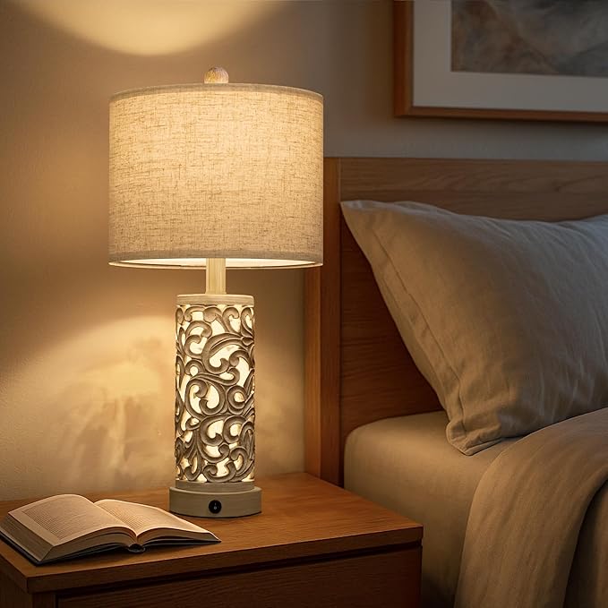 OYEARS Bedside Table Lamps Set of 2 with USB & Night Light, 22'' Farmhouse Bedroom Lamps for Nightstand, Vintage Table Lamps for Bedroom Living Room Home Offce (Bulb Included)