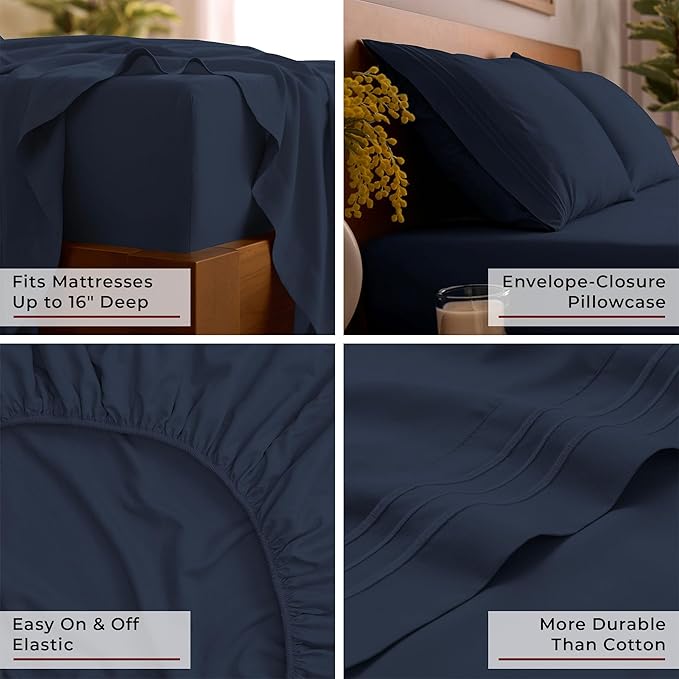 Mellanni Twin Sheet Set - 4-Piece Iconic Collection Bedding, (Including 2 Pillowcases), 16-Inch Deep Pocket, Easy Care, Extra Soft, Cooling Sheets, Brushed Microfiber - Navy Blue