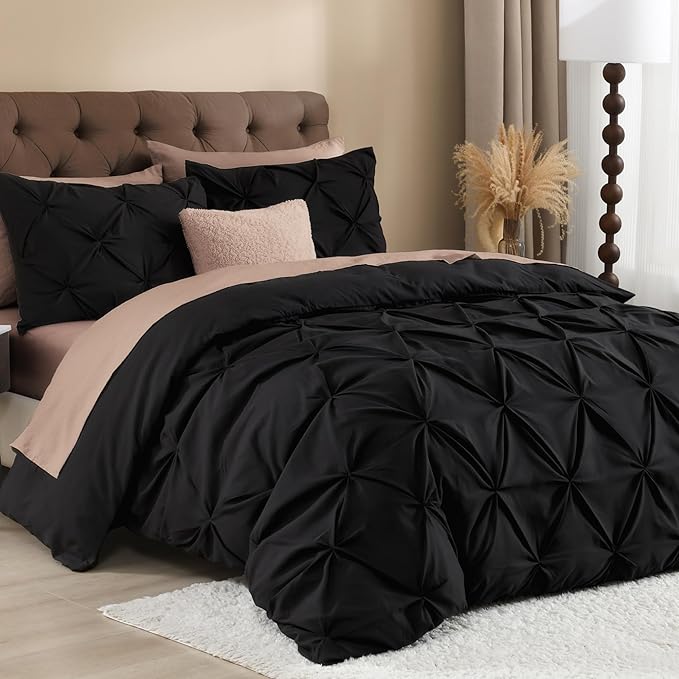 Litanika Black Queen Pinch Pleat Duvet Cover, 3 Pieces Pintuck Cover Soft Microfiber Bedding Set with Zipper Closure & Corner Ties(90x90Inch-1 Duvet Cover, 2 Pillowcases)