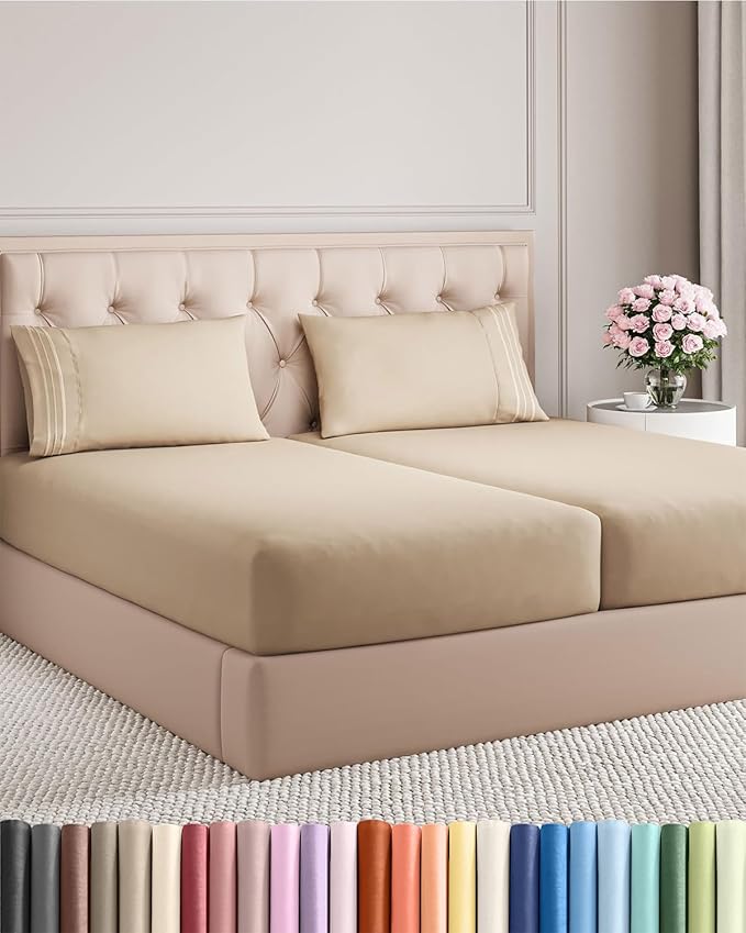 Split King Size 5 Piece Sheet Set - Comfy Breathable & Cooling Bed Sheets Set - Hotel Luxury Bedding for Women, Men, Kids, Teens, Boys & Girls - Deep Pockets, Soft and Wrinkle Free - Oeko-Tex - Cream