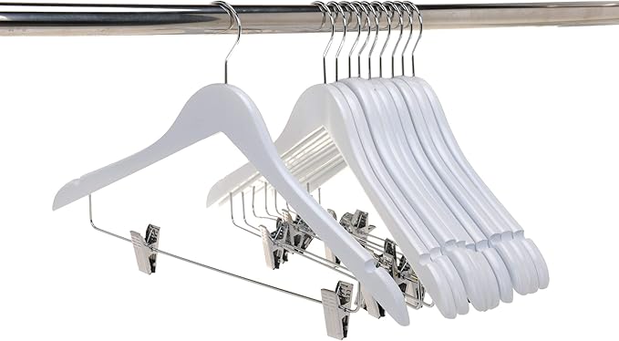 Quality Wooden Skirt Hangers with Clips 80-Pack White Pants Hangers with Adjustable Chrome Metal Clips, Swivel Hook, Coat, Jacket, Blouse Suit Hangers (White, 80)