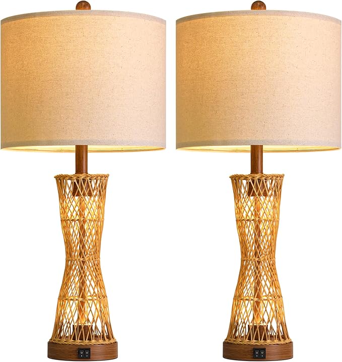 OYEARS 27" Table Lamps Set of 2 with Rattan & Dual Lights, Boho Lamps for Nightstands, Bedside Lamps for Bedroom, Nightstand Lamp for Living Room, Farmhouse Table Lamp for Office & Study