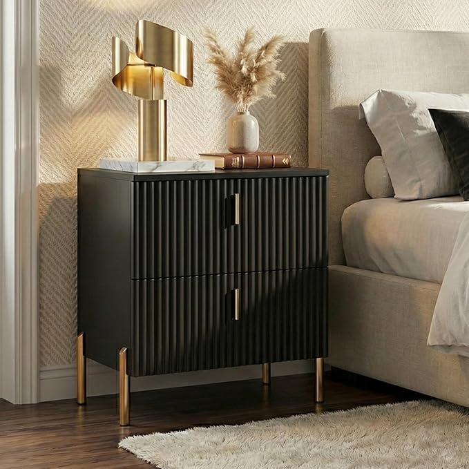 Luxury Fluted Night Stand, Nightstand with 2 Drawers, Modern Bedside Table with Golden Legs and Handles, End Tables for Living Room Bedroom, Black