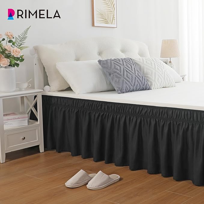 RIMELA Black Bed Skirt King Size 25 Inch Drop, Elastic Bed Skirting for Bed Base and Frame, Bedding Dust Ruffle Easy to Install, Lightweight Comforter Set with Wrap Around Adjustable Bedskirt