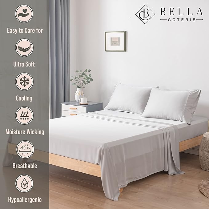 Bella Coterie Luxury Bamboo Viscose King Size Sheet Set | 100% Organically Grown | Ultra Soft | Cooling for Hot Sleepers | 18" Deep Pocket [Grey Mist]