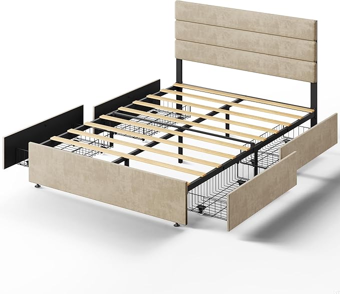 WLIVE Full Size Upholstered Bed Frame with 4 Storage Drawers and Headboard, Velvet Platform Bedframe, Sturdy Metal & Wooden Slats Support, No Box Spring Needed, Easy Assembly, Beige