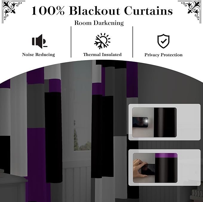 Purple 100% Blackout Curtains for Bedroom 72 inch Length 2 Panels Set Grey Modern Abstract Geometric Black Out Curtains Thermal Insulated Room Darkening Window Drapes for Living Room, 42Wx72L