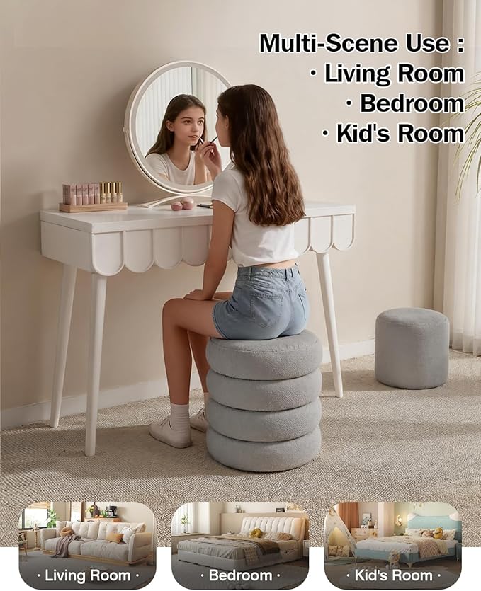 Round Set of 2 Sherpa Storage Ottoman Stool Boucle Vanity Stool Footstool with Removeable lid Load up to 440 lbs for Livingroom Bedroom Gray UASND68G