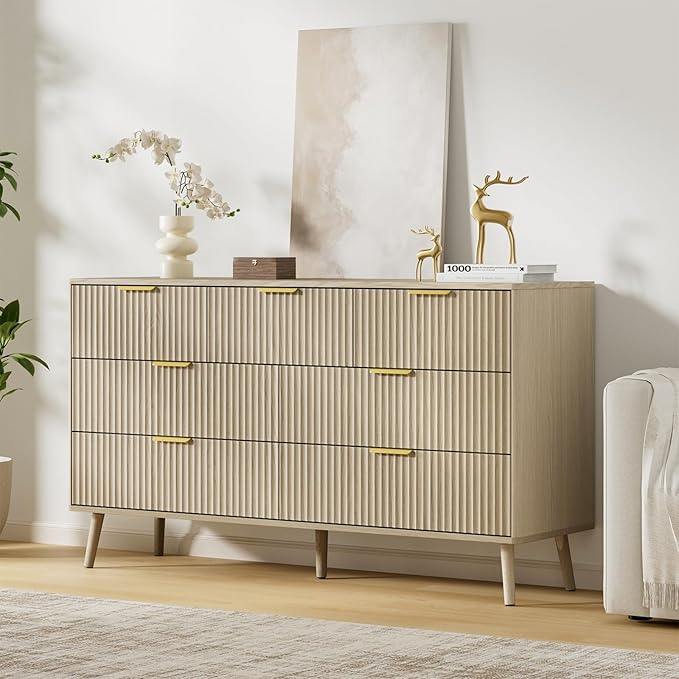 LYNSOM 55" Wide Fluted Dresser for Bedroom with 7 Drawer, Modern Chest of Drawers with Curved Profile Design and Metal Handles, Wood Dresser TV Stand & Storage Organizer for Living Room, Beige