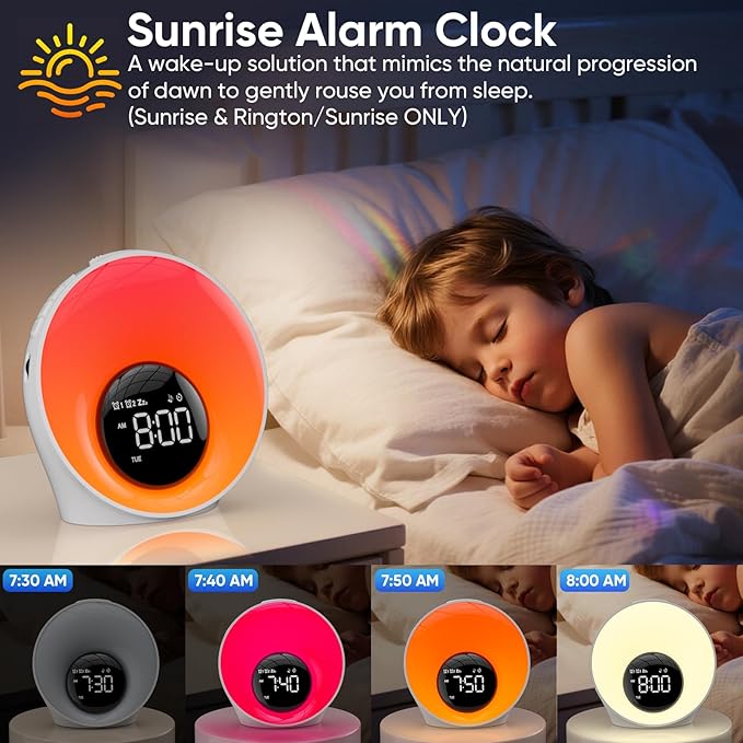 Wake Up Light Sunrise Alarm Clock - Sunrise Simulation & White Noise Machine with 30 Soothing Sounds, 14 Color Dimmable Night Light, Dual Alarms for Heavy Sleepers/Adults/Kids, Digital Clock Timer