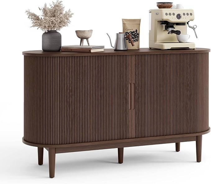 LINSY HOME Sideboard Buffet Cabinet with Storage, 55" Fluted Coffee Bar Cabinet with Tambour Sliding Doors and Drawer, Mid Century Modern Wood Storage Buffet Table for Kitchen, Living Room, Walnut | with Storage, Fluted, Coffee Bar Cabinet, Drawer, Mid...