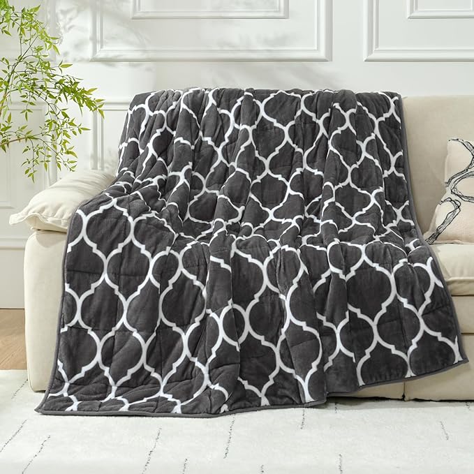 Wemore Sherpa Fleece Weighted Blanket for Adult, 15 lbs Dual Sided Cozy Fluffy Heavy Blanket, Ultra Fuzzy Throw Blanket with Soft Plush Flannel Top, 48 x 72 inches, Morocco Grey on Both Sides