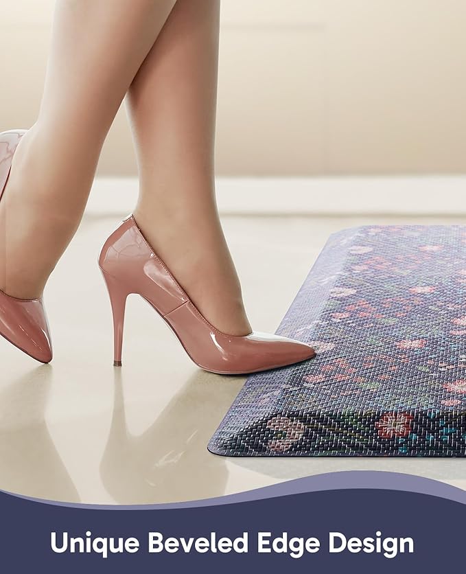 Ophanie Kitchen Mats for Floor, 3/4 inch Thick, 20x39 Anti Fatigue Cushioned Mat, Kitchen Rugs, Waterproof, Comfort Ergonomic Standing Mat for Office, Home, Sink, Blue Flower Non-Slip Ridged Bottom