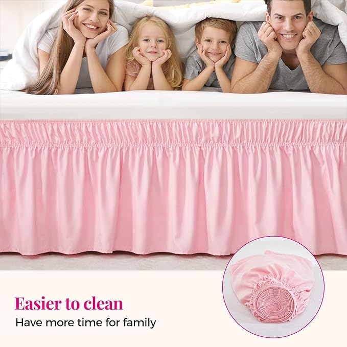 RIMELA Pink Bed Skirt Twin Size 15 Inch Drop, Elastic Bed Skirting for Bed Base and Frame, Bedding Dust Ruffle Easy to Install, Lightweight Wrap Around Adjustable Bedskirt