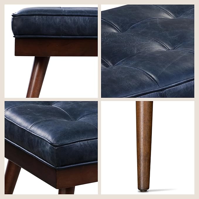 POLY & BARK 55" Tufted Leather Bed Bench for Bedroom End of Bed - Living Room Entry Way Bench - Pure Italian Leather Upholstery with a Solid Wood Frame - Ottoman Bench with Wooden Legs - Midnight Blue