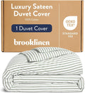 Brooklinen Luxury Sateen Duvet Cover - 100% Cotton, King/California King Size in Green Tandem Stripe with Extra-Long Corner Ties and Button Closure - Best King/Cali King Duvet Covers