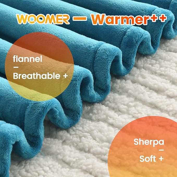 WOOMER Heated Blanket King Size,Durable Flannel and Soft Sherpa,Dual Control,90” × 100” Electric Blanket, 10 Heat Levels&0.5-12h auto-Off, Overheat Protection,Energy Efficient