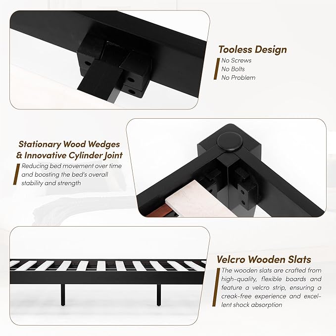 Thor Premium Solid Wood Bed Frame King, Platform Bed, Japanese Joinery Bed Frame, Wood Slat Support, No Box Spring Needed, Easy Assembly, Minimalist & Modern Style (Midnight Charcoal)