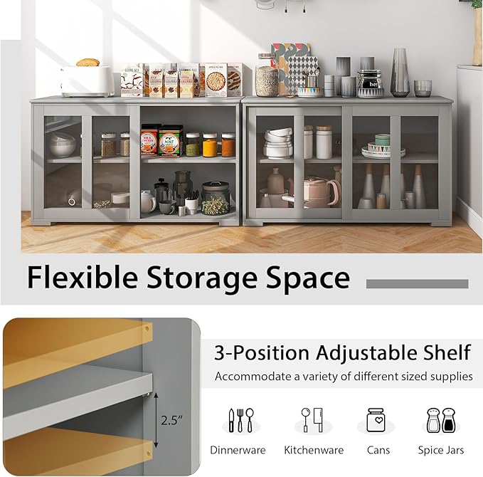 Costzon Sideboard Buffet Cabinet of 2, Wooden Kitchen Storage Cabinet with Adjustable Shelf, Sliding Glass Doors, Accent Coffee Bar Cabinet Console Table for Living Room, Dining Room, Hallway