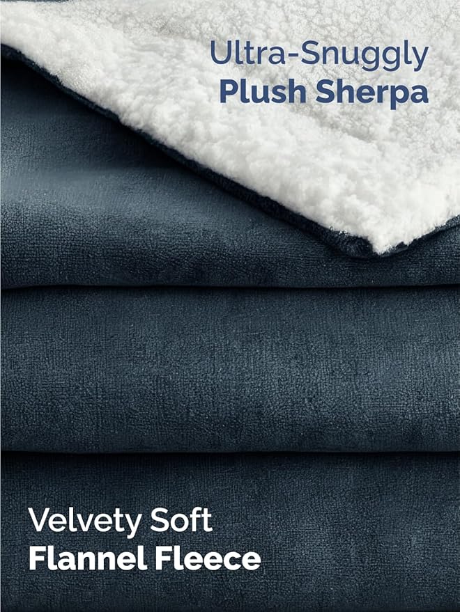 Sherpa Fleece Blanket King Size - Reversible Sherpa Fleece King Blanket - Super Soft Double Sided for Bed, Sofa, Couch - Thick, Warm, Fuzzy and Plush - Luxurious Bedding for Winter - Navy, 90" x 108"