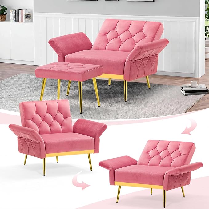 Velvet Accent Chair w/Adjustable Armrests and Backrests, Tufted Single Sofa with Ottoman, Upholstered Reading Chiar for Living Room, Apartment, Bedroom, Pink