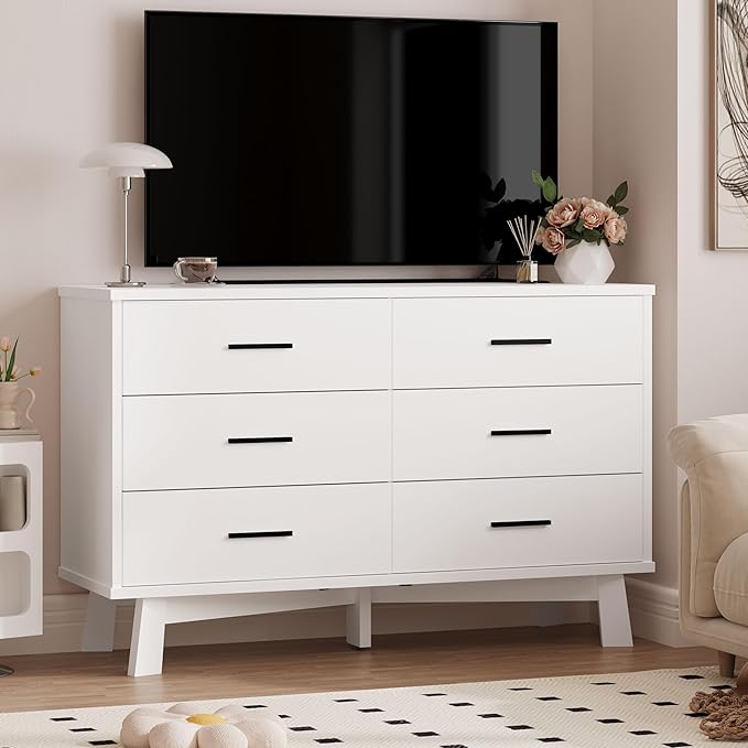 Dresser for Bedroom, 6 Drawer Wide Modern Chest of Drawers with X-Shaped Sturdy Base, Wood Double Dresser Closet Clothes Storage Organizer, Wooden TV Stand for Living Room, Hallway, White