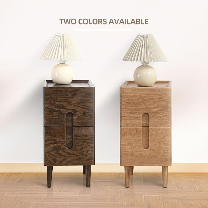Solid Wood Bedside Table Nightstands, Slim Narrow Oak Real Wooden Mid-Century Modern End Table with Drawers Luxury Side Table Durable Cabinet Organizer Furniture, Walnut Color 7.87in Wide