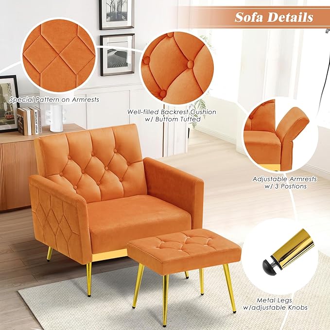 Velvet Accent Chair w/Adjustable Armrests and Backrests, Tufted Single Sofa with Ottoman, Upholstered Reading Chiar for Living Room, Apartment, Bedroom, Orange