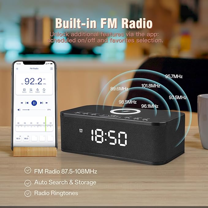 Dual Alarm Clock Radio Bedroom, Digital Alarm Clocks Bedrooms Bluetooth, Up to 10 Bedroom Alarms Clock White Noise 23 Soothing Sounds App/Button Control Snooze 12/24H FM Speaker Charging, Black