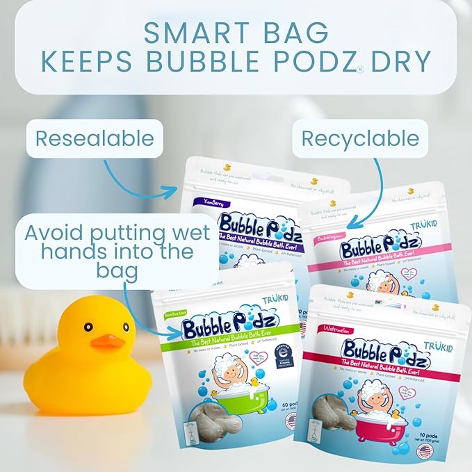 TruKid Bubble Podz Bubble Bath for Kids, Toddlers, & Babies, Tear Free Gentle & Refreshing Bath Bomb for Sensitive Skin with Natural Moisturizers, Non-Toxic, pH Balanced, Vanilla Scent (10 Podz)