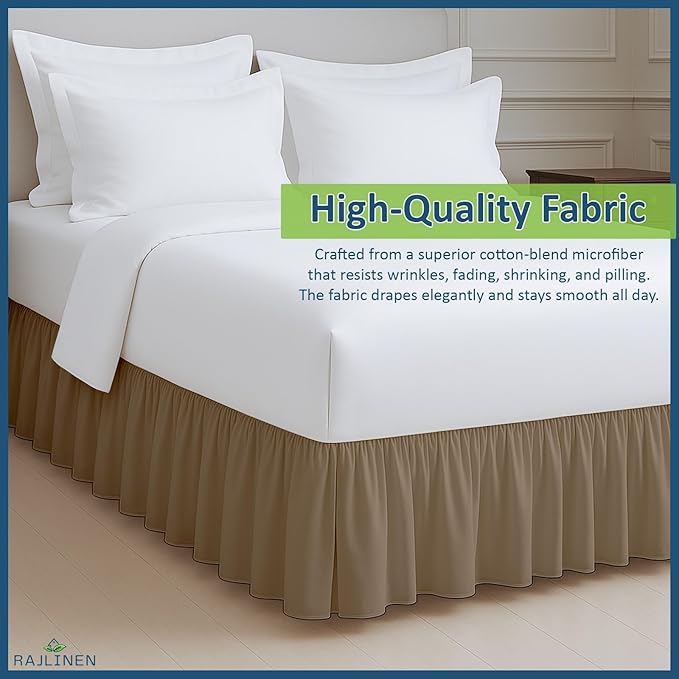 Rajlinen Ruffled Bed Skirt Queen, 12 Inch Drop Dust Ruffle with Split Corners, 100% Microfiber Bedskirt with Platform, Three-Sided Coverage Ruffled Gathering Design, Taupe