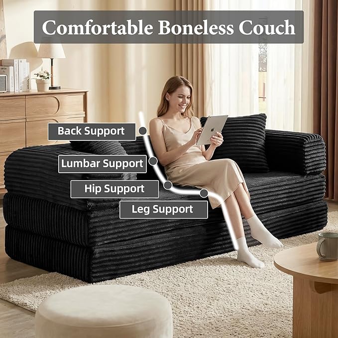 Convertible Futon Sofa Bed, Fold Out Floor Sofa Couch with Sleeper Sofa,Folding Boneless Couches with Deep Seat,Cloud Corduroy Foldable Mattress Couch for Living Room (Black)