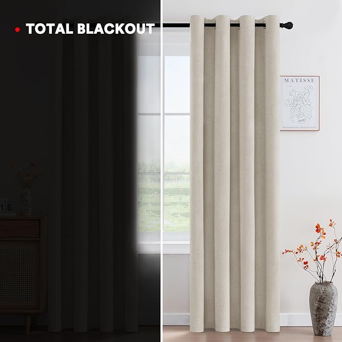 PrinceDeco 100% Blackout Linen Curtains 96 Inch Long Nature Burlap Fabric Black Out Curtains for Nursery,Heat & Light Blocking 2 Panels Set Grommet Window Drapes,Heathered Linen