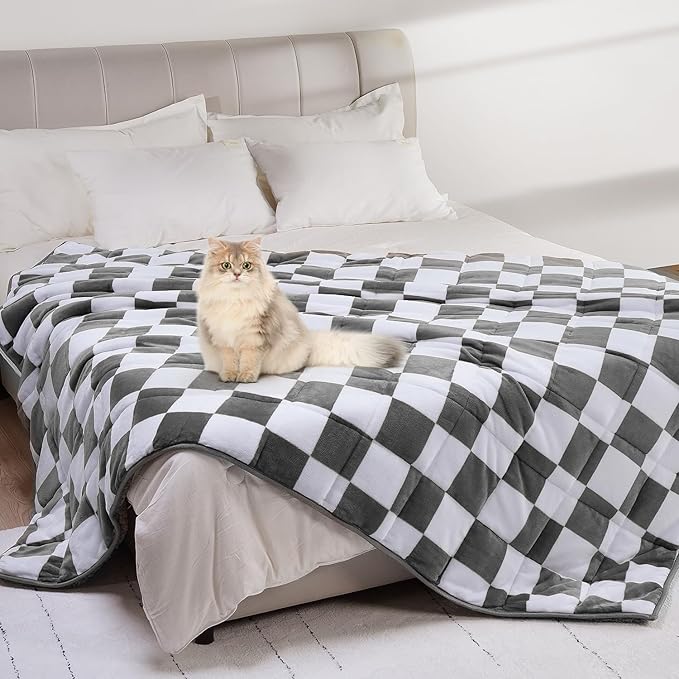 Sherpa Weighted Blanket for Adults Queen Size 15 lbs, Dual Sided Heavy Blankets with Checkerboard Pattern, Ultra Soft Cozy Throw Blanket for Calming and Sleep, Plaid Grey, 48" x 72"