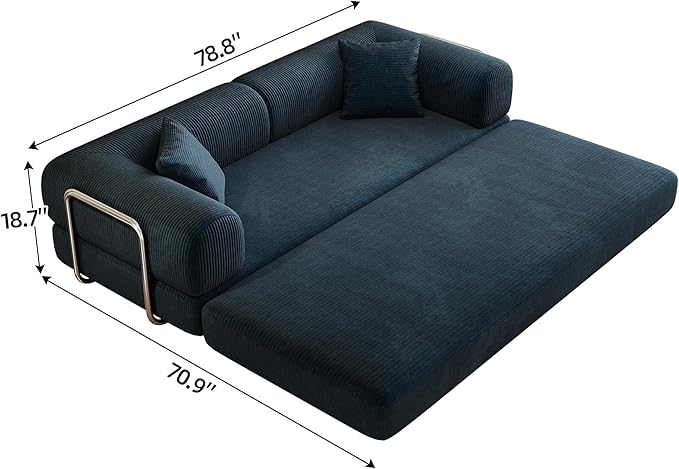79" Convertible Sofa Bed with Fixed-Shape Frame, Corduroy Folding Pull Out Couch, No Assembly Modern Boneless Couch Compression Sofa in Box, Floor Sofa for Living Room,Blue