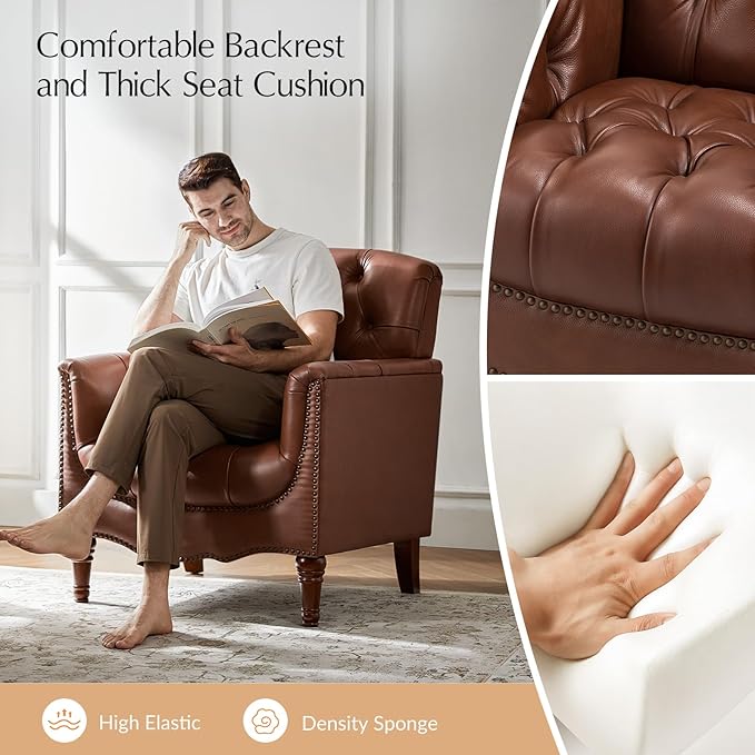HULALA HOME Mid Century Modern Leather Club Chairs, Top-Grain Genuine Leather Armchairs with Button-Tufted Back & Solid Wood Legs, Accent Chairs for Living Room/Bedroom/Home Office, Brown