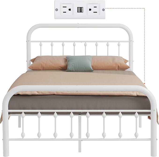 WLIVE Metal Platform Bed Frame, Full Size Bed Frame with Headboard, Bed Frames with LED Lights and Charging Station, 1500LBS Mattress Foundation, Under Bed Storage, No Box Spring Needed, White