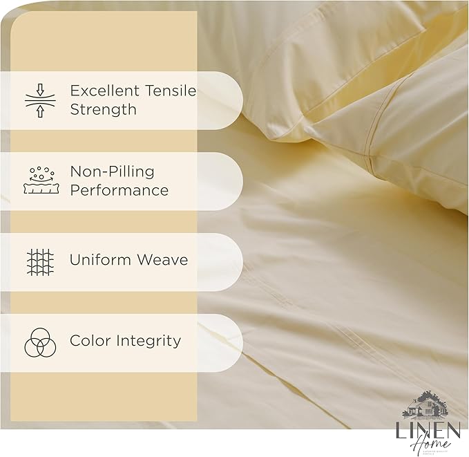 Linen Home 100% Cotton Percale Sheets California King Size, Ivory, Deep Pocket, 4 Pieces Set - 1 Flat, 1 Deep Pocket Fitted Sheet and 2 Pillowcases, Crisp Cool and Strong Bed Linen