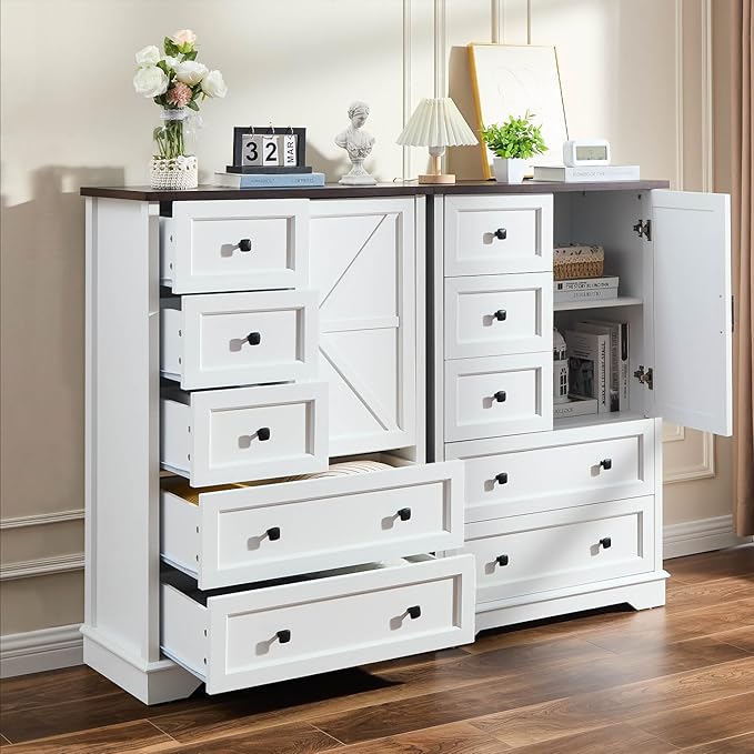 SOOWERY White Dresser for Bedroom, 5 Drawers Farmhouse Wood Dresser with Double Storage Cabinet, 48 Inches Tall Chest of Drawers for Bedroom, Living Room, Hallway