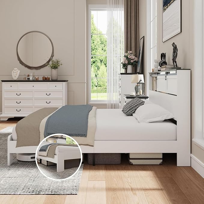 King Wood Bed Frame, Sliding Barn Door Storage Headboard with LED Lights and Charging Station, Farmhouse Wood Platform Bed with Metal Slat Supports, No Box Spring Required, Noiseless, White