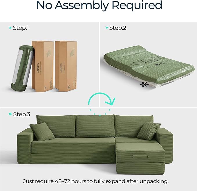 LINSY HOME Convertible Sofa Bed with 2 Pillows & Ottoman, Boneless Couch Folding Modular Sectional Sleeper Sofa, L Shaped Sofas Corduroy Couch Bed Compression Sofa for Living Room Apartment, Green