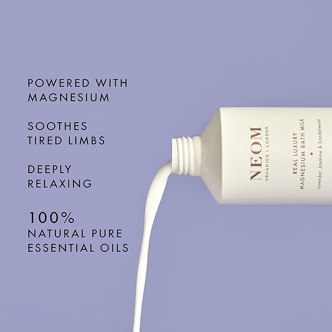 Neom De-Stress Real Luxury Magnesium Bath Milk, 10.14 Oz I 100% Natural Lavender, Jasmine and Sandalwood I Relieve Sore, Tired Muscles I Milky Texture I Relaxing